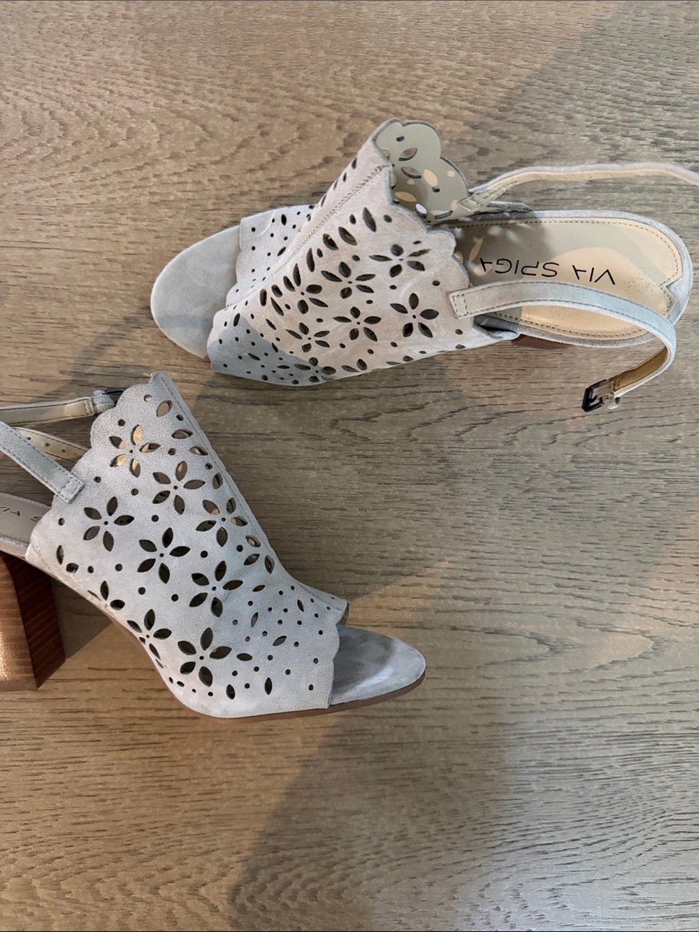 Via Spiga Light Gray Suede Cutout Peep-Toe Slingback Heels